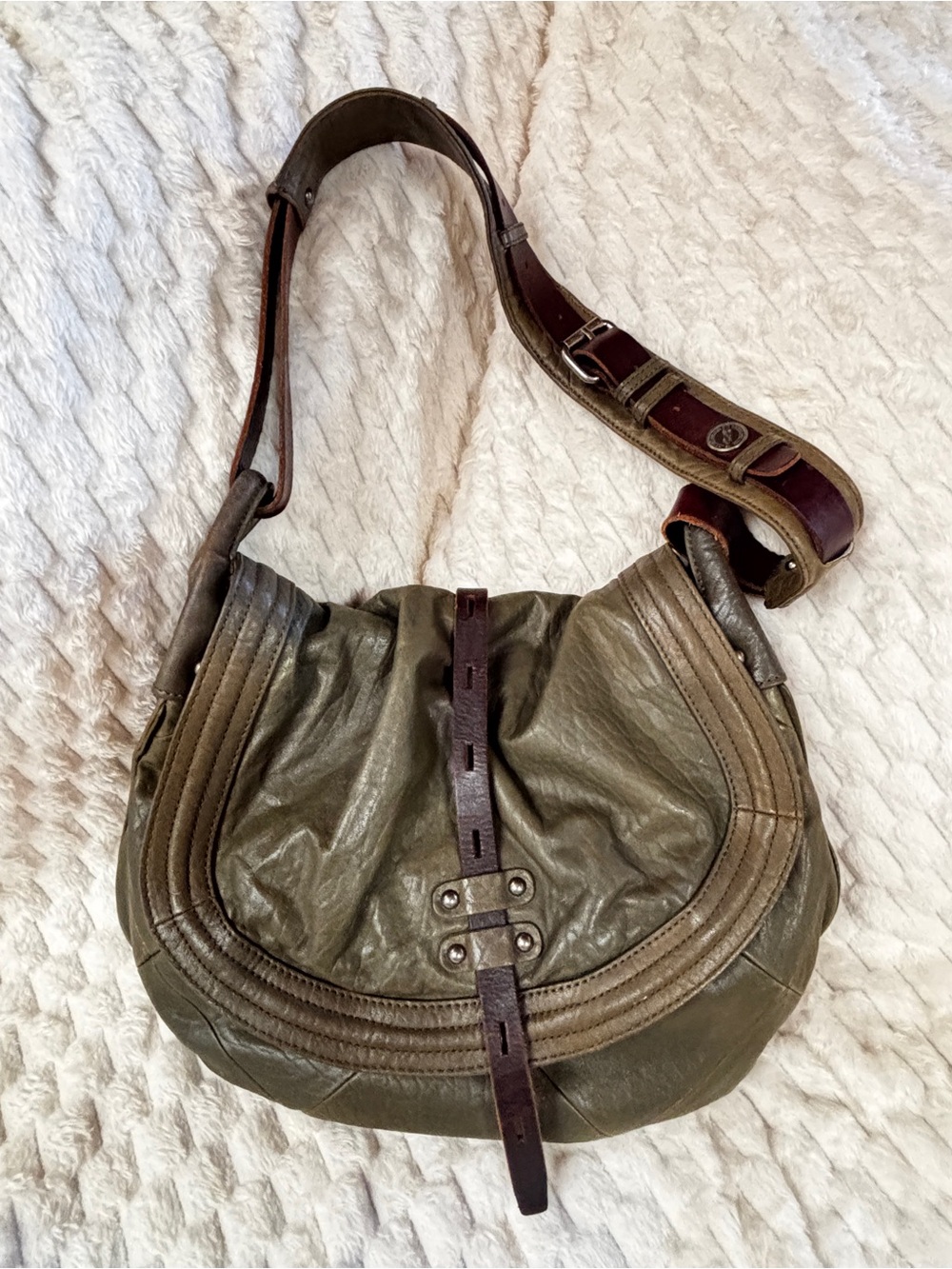 REVEL Olive Green Leather Hobo Crossbody Brown Strap Silver Hardware